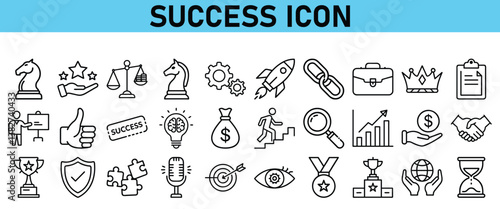 Success line icon set. Contains icons Award, Trophy, Medal, Crown, Winners Podium, Congratulating, Certificate. Vector Icons collection