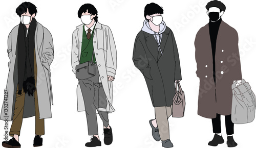 Stylized illustrated representation of fashionable individuals dressed in winter attire wearing masks,capturing modern trends and personal styles.Perfect for lifestyle,fashion concepts,seasonal themes