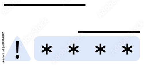Exclamation mark triangle and password entry field with asterisks highlight security warning. Ideal for cybersecurity, authentication, warning, alert, safety, data protection, internet guidance. Flat