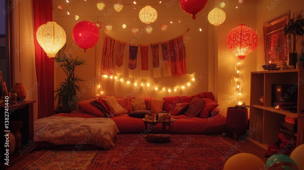 Relaxing Living Room with Festive Lights and Bohemian Accents