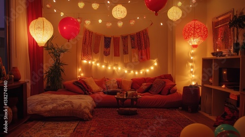 Obraz na płótnie Relaxing Living Room with Festive Lights and Bohemian Accents w salonie