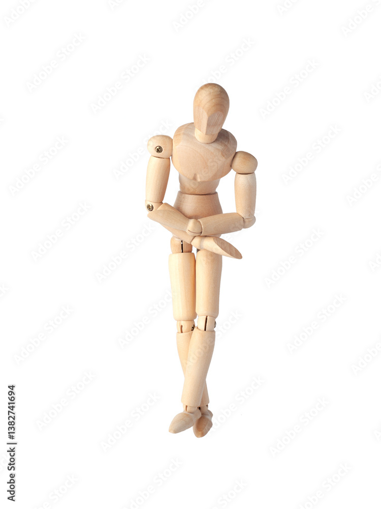A Wooden dummy with crossed arms on its stomach, expressing pain. A Poseable figure and Articulated mannequin capture a moment of discomfort, perfect for artists and creating emotional, A Wooden dummy with crossed arms on its stomach, expressing pain. A Poseable figure and Articulated mannequin capture a moment of discomfort, perfect for artists and creating emotional,