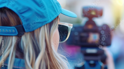 Obraz na płótnie Behind the scenes of female videographer filming outdoors image closeup. Filmmaking gear. Sunglasses woman vlogger close-up photography. Content creator concept photo realistic w salonie