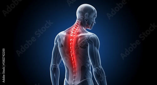 Digital of human back pain human spine focusing on the thoracic area, accentuated with a red glow to illustrate pain or inflammation