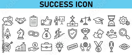 Success line icon set. Contains icons Award, Trophy, Medal, Crown, Winners Podium, Congratulating, Certificate. Vector Icons collection