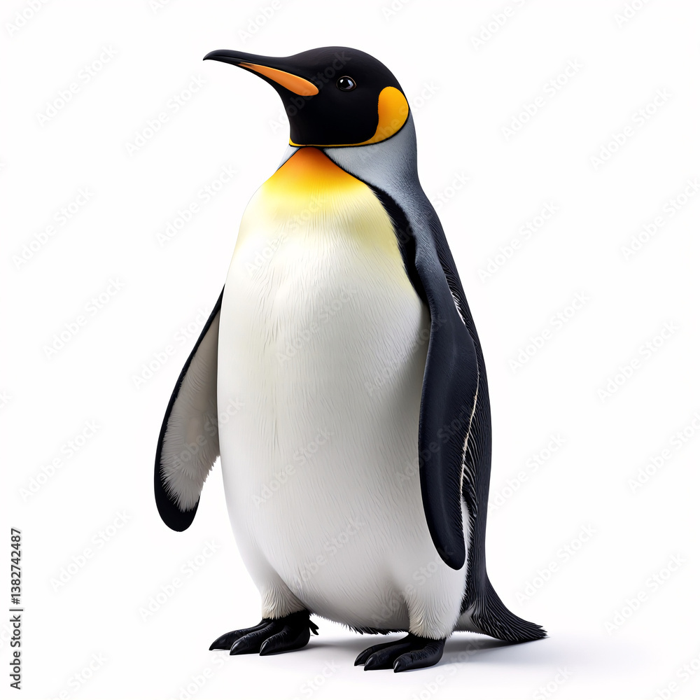 Fototapeta premium a King Penguin standing on a white background. The penguin is facing forward, with its head slightly tilted to the left and its beak slightly open. 