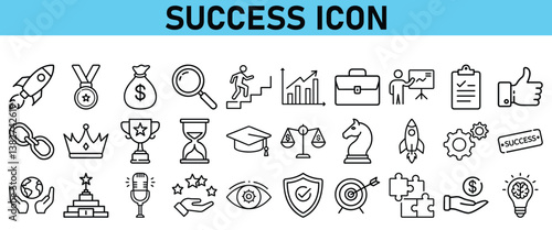 Success line icon set. Contains icons Award, Trophy, Medal, Crown, Winners Podium, Congratulating, Certificate. Vector Icons collection