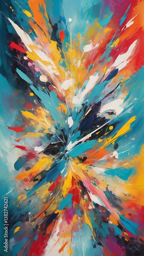 <Vibrant Abstract Art: Explosion of Colors in Modern Canvas Painting with Dynamic Composition>