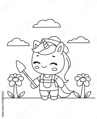 Coloring book unicorn gardener wearing overalls and a hat, holding a shovel, standing between flowers under a cloudy sky