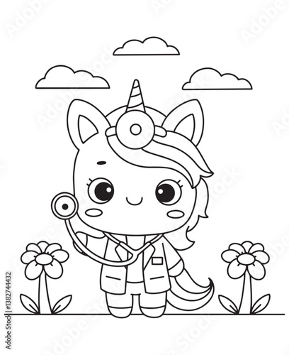 Coloring book unicorn doctor wearing a lab coat and stethoscope, standing between flowers under a cloudy sky. Fun line art for coloring