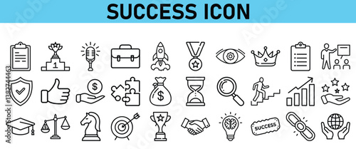 Success line icon set. Contains icons Award, Trophy, Medal, Crown, Winners Podium, Congratulating, Certificate. Vector Icons collection
