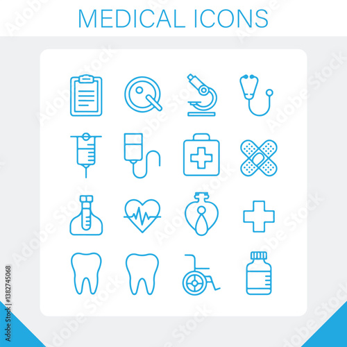 Set of modern flat design medical icons including healthcare tools, hospital symbols, and medicine equipment for infographics, presentations, and digital health apps