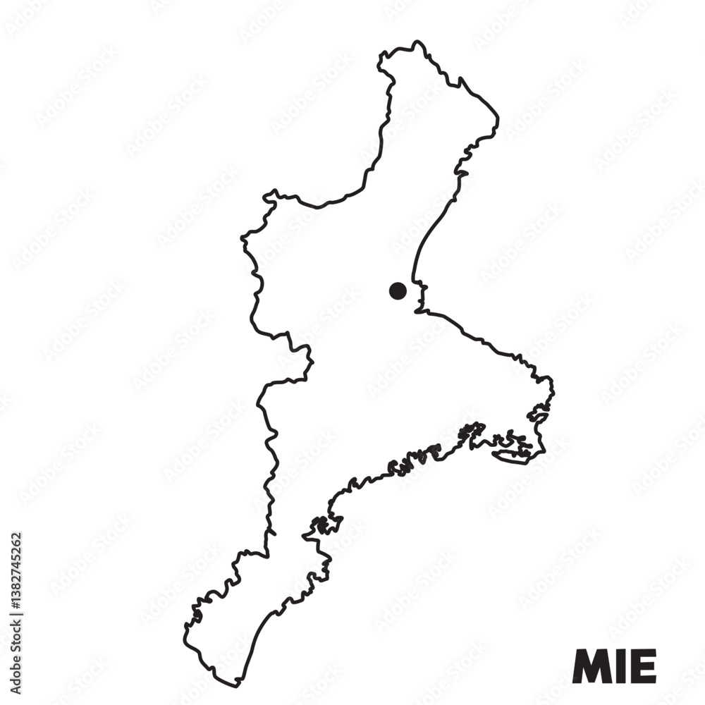 Fototapeta premium 日本の三重県単独の地図イラスト 都道府県別の白地図線画 県庁所在地