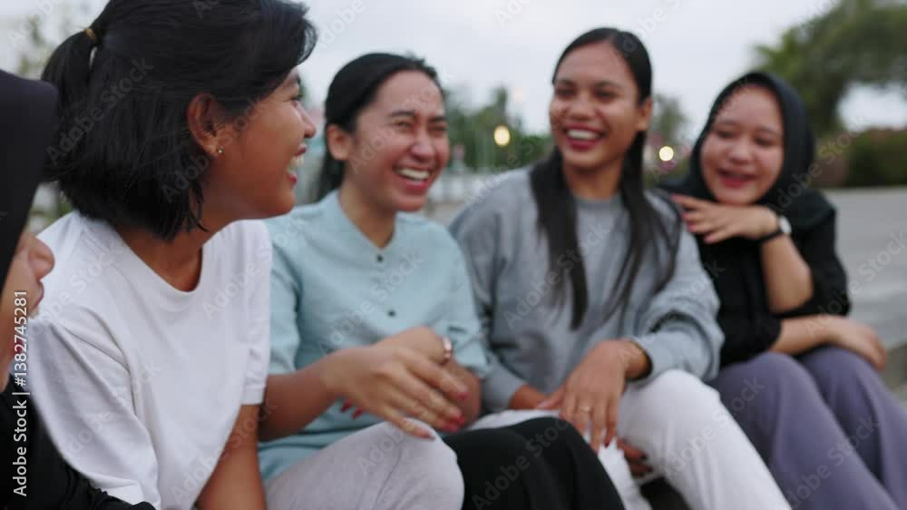Young group of Indonesian women hanging out relaxing at city street. Gen Z asian student friends laughing while sitting together. Female friendship and youth community concept. Young group of Indonesian women hanging out relaxing at city street. Gen Z asian student friends laughing while sitting together. Female friendship and youth community concept.