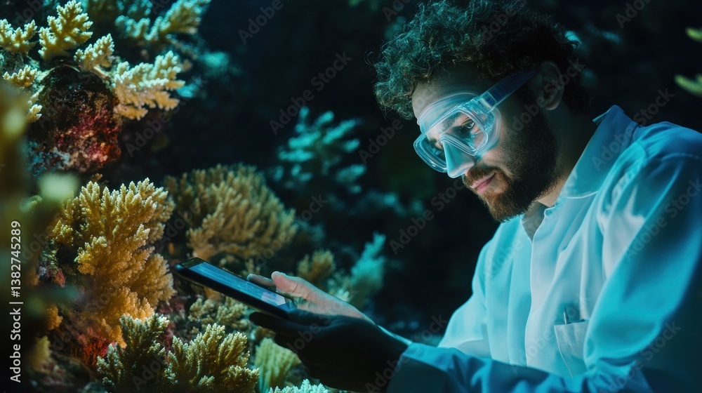 Scientist Exploring Coral Reef with Tablet Wearing Goggles