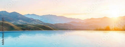 Tranquil Sunset Over Infinity Pool Beside Majestic Mountain Range
