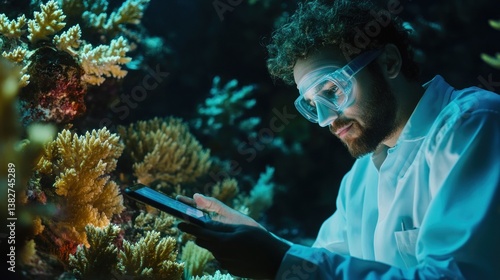 Obraz na płótnie Scientist Exploring Coral Reef with Tablet Wearing Goggles w salonie