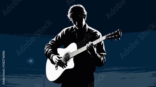 Acoustic Guitar Silhouette: Emotional Nighttime Concert and Music Performance Art