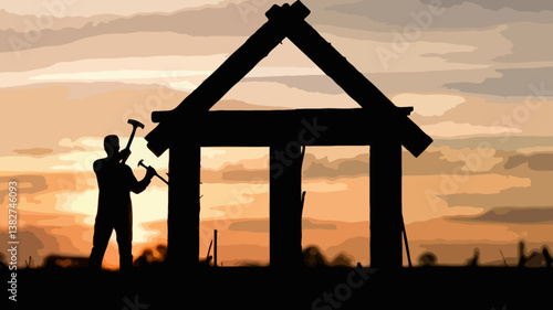 Silhouette of Builder at Sunset with Hammer Erecting Rural Home Frame: A Scene of Teamwork and Hard Work in Modern Construction Craftsmanship