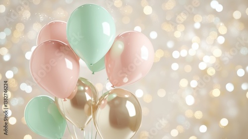 Colorful balloons in soft pastel shades set against a sparkling background for a celebratory occasion