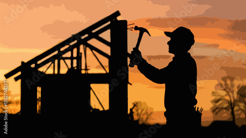 Silhouette of Construction Worker with Hammer at Sunset - Building and Developing Residential Architecture in Rural Landscape