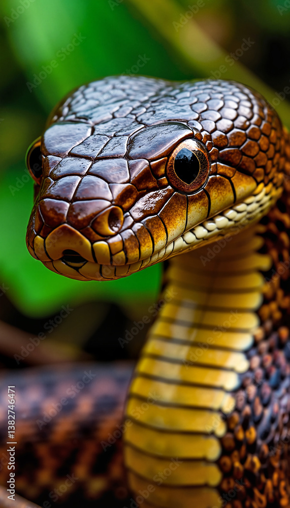 Intricate Snake Head Close-up with Detailed Scales against Natural Background Intricate Snake Head Close-up with Detailed Scales against Natural Background