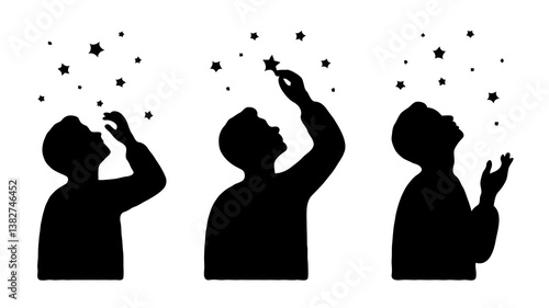 Silhouetted People and Stars: Cosmic Vector Illustration of Dreaming and Imagination in a Mystical Night Sky