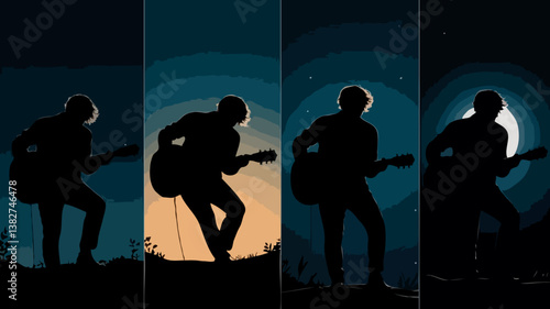 Silhouette of Musician with Guitar Under Moonlight: Outdoor Concert and Creative Expression in Nature