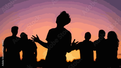 Silhouette of Diverse Group Celebrating Friendship and Unity at Sunset Festival Outdoors