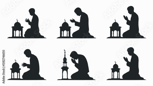 Muslim Prayer Silhouette: Spiritual Worship and Religious Devotion in Islamic Community Tradition