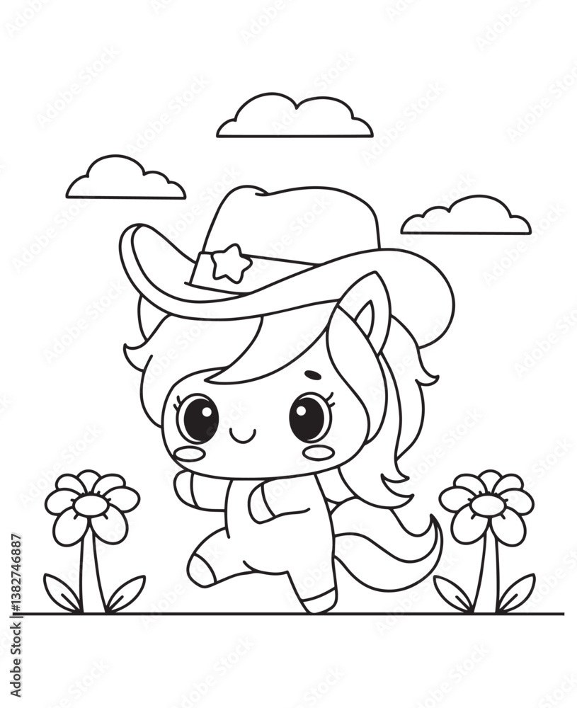 Fototapeta premium Coloring book pony cowboy wearing a hat, running between flowers under a cloudy sky