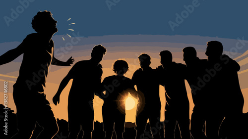 Team Celebration Silhouette: Soccer Athletes in Excited Huddle at Sunset