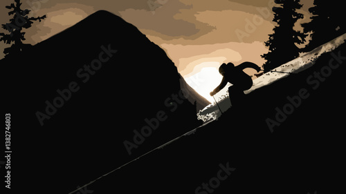 Sunset Silhouettes: Skiing and Snowboarding Adventure on Snowy Mountain Terrain
