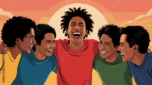 Joyful Friendship Bond: Multicultural Youths in Vector Art Celebrating Laughter and Happiness at Sunset