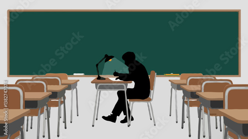 Modern Classroom Education: Silhouette of Student Writing at Desk with Teacher in Academic Environment
