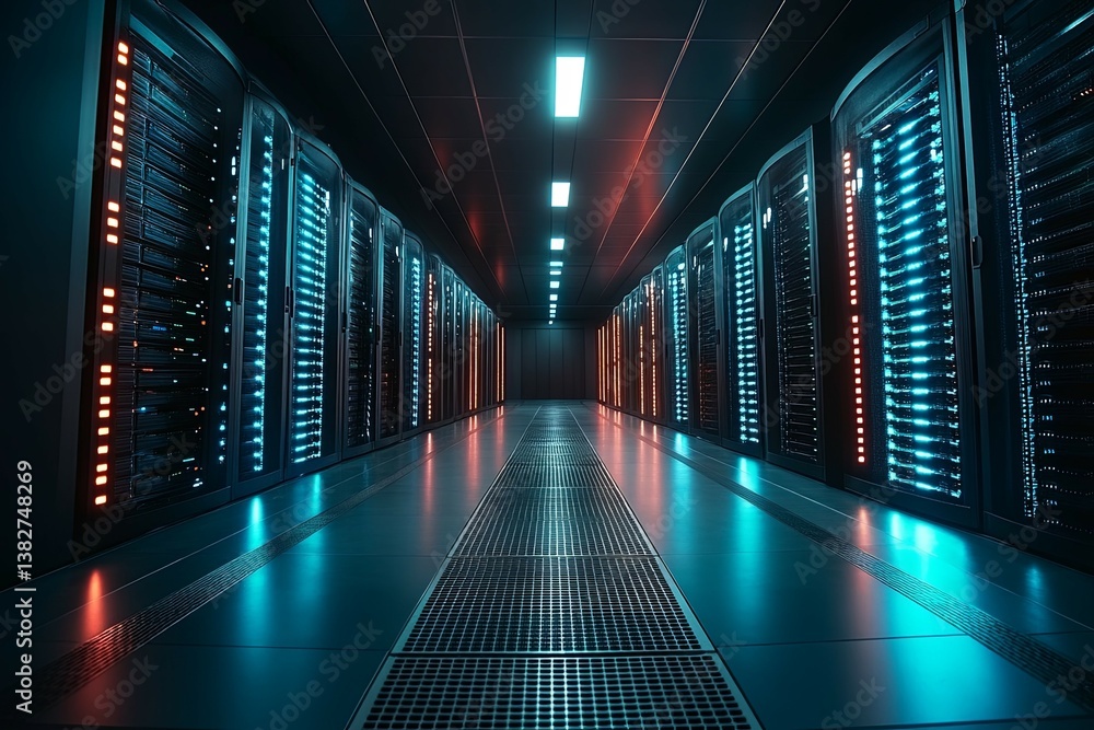 Data center hallway with rows of server cabinets brightly illuminated Data center hallway with rows of server cabinets brightly illuminated