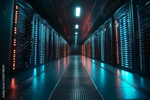 Data center hallway with rows of server cabinets brightly illuminated