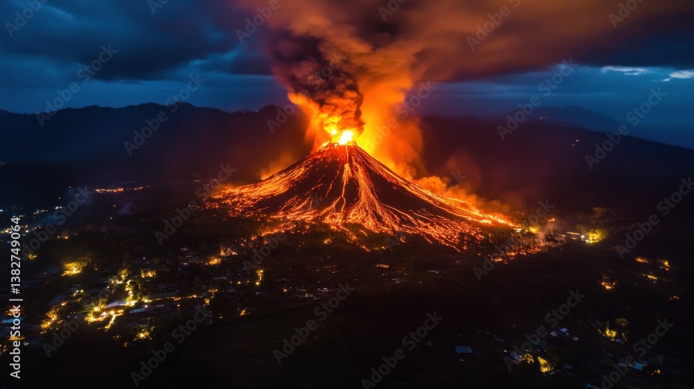 Volcano Erupting Lava at Night Aerial View with Smoke Clouds