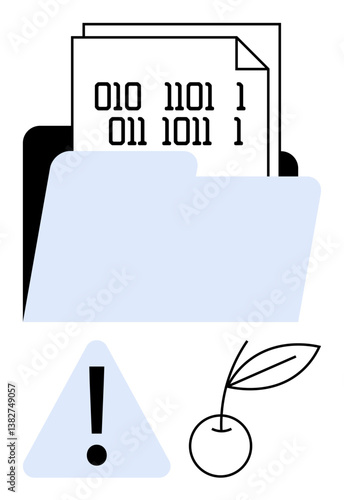 Open file folder holding binary code pages, accompanied by a triangular warning icon and a cherry with a leaf. Ideal for technology, data management, safety, information risks, minimalism
