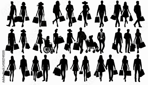 Fashionable Shoppers Outdoors: People in Silhouettes Exploring Commerce and Street Style with Shopping Bags