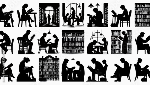 Silhouette of Students in Library: Exploring Education & Literature in a Quiet Workspace