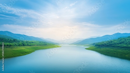Serene Landscape of Calm Lake Surrounded by Lush Green Mountains