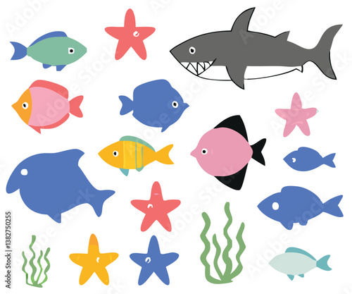 Photos Whimsical Underwater World with Cute Mermaid, Playful Sea Creatures, and Vibrant Ocean Life – Colorful Cartoon Marine Illustration with Fish, Coral, and Starfish | colorful Sea Design