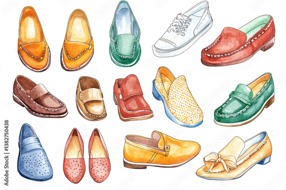 Fototapeta premium A colorful assortment of various shoe styles displayed in an artistic arrangement.