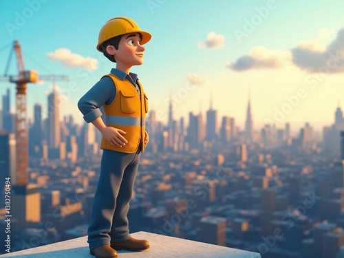 Cartoon builder observes cityscape construction during daytime