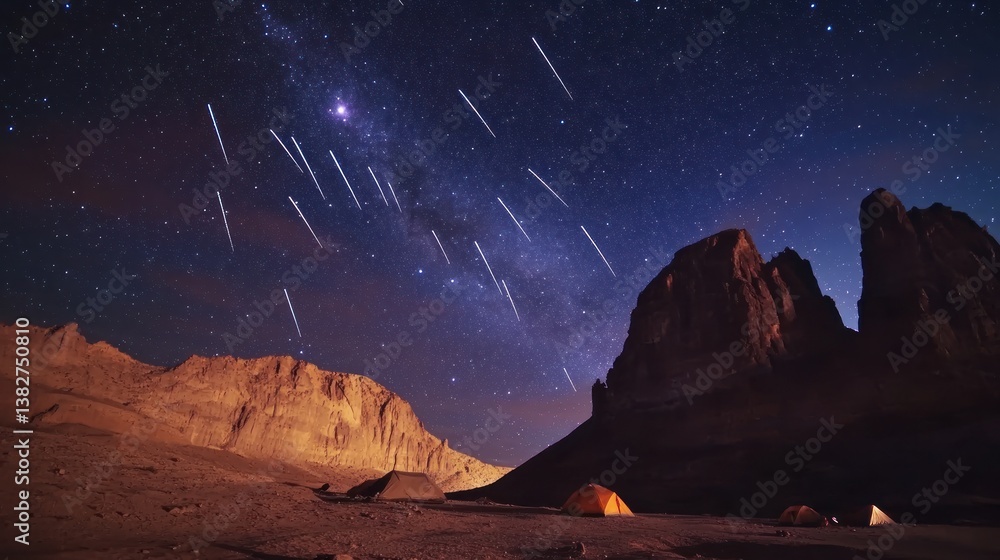 Camping Under Shooting Stars Night Sky Over Desert Mountains