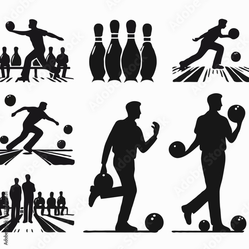 Silhouette of Bowling Player in Action: Striking the Pins in Dynamic Black and White Illustration - A Thrilling Indoor Sport and Social Recreation Scene