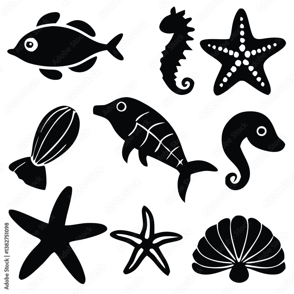 Marine Life Silhouette Vector Set – Ocean Creatures, Fish, Dolphin, Shark, Octopus, Crab, Jellyfish, Turtle, and Sea Animal Icons for Nautical and Aquatic Designs. Marine Life Silhouette Vector Set – Ocean Creatures, Fish, Dolphin, Shark, Octopus, Crab, Jellyfish, Turtle, and Sea Animal Icons for Nautical and Aquatic Designs.
