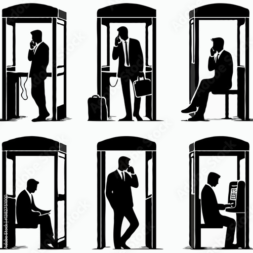 Vintage Urban Life: Businessman in Silhouette Using a Phone Booth for Communication in a Retro Cityscape