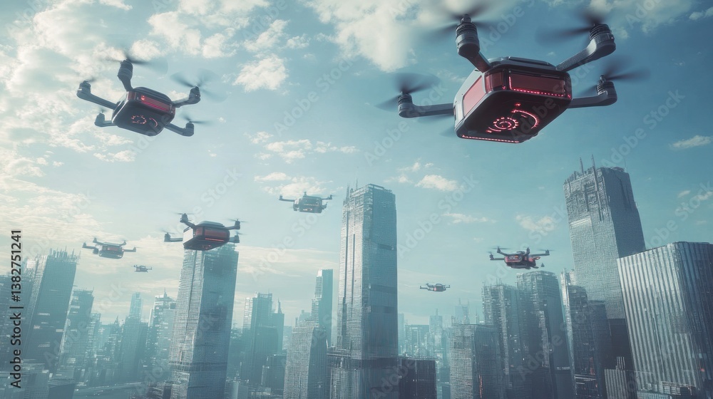 Drones Flying Over Cityscape Delivering Packages in Futuristic Sky